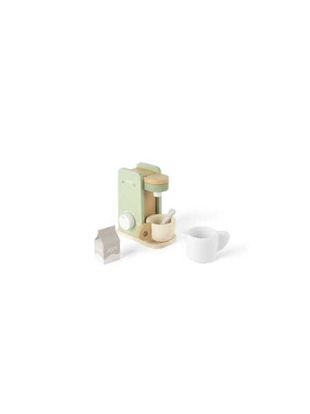 Barn ved bord med grøn legetøjskaffemaskine og hvid kop